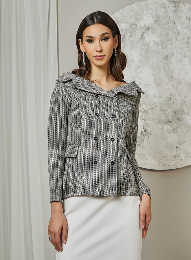 Styli - Tweed Houndstooth Print Off Shoulder Blazer with Button Detail - Image 1