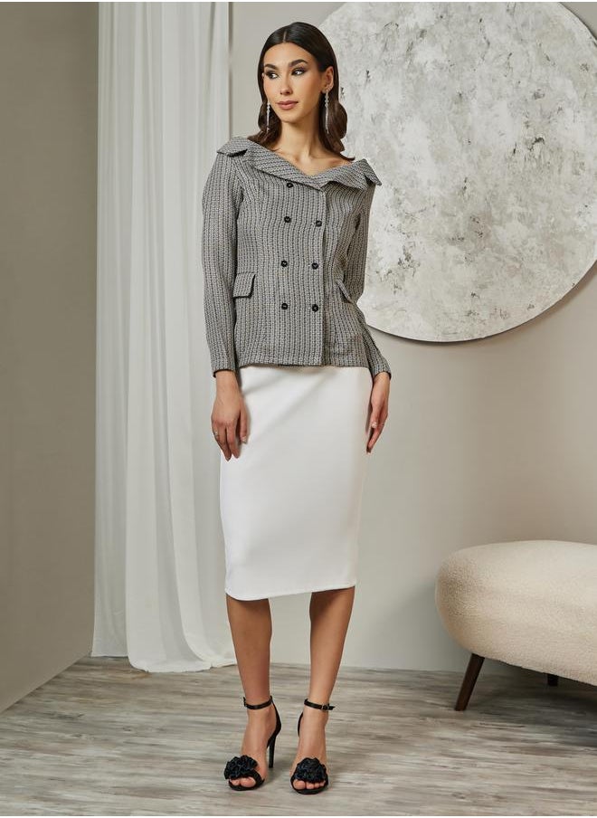 Styli - Tweed Houndstooth Print Off Shoulder Blazer with Button Detail - Image 1