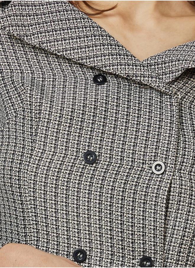 Styli - Tweed Houndstooth Print Off Shoulder Blazer with Button Detail - Image 1