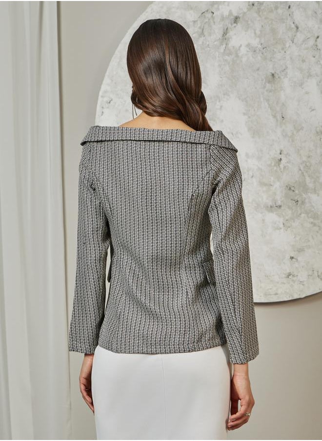 Styli - Tweed Houndstooth Print Off Shoulder Blazer with Button Detail - Image 1