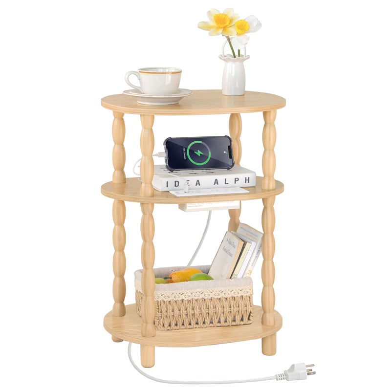 MaxSmeo End Table with Charging Station, Small Oval Side Table for Small Spaces, Modern Accent Table Night Stand with Charging Station for Living Room, Bedroom, Natural - Image 1