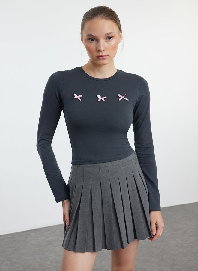 trendyol Anthracite Bow Detailed Crop/Short Slim/Fitting Knitted Blouse TWOAW25BZ00150  - Image 1