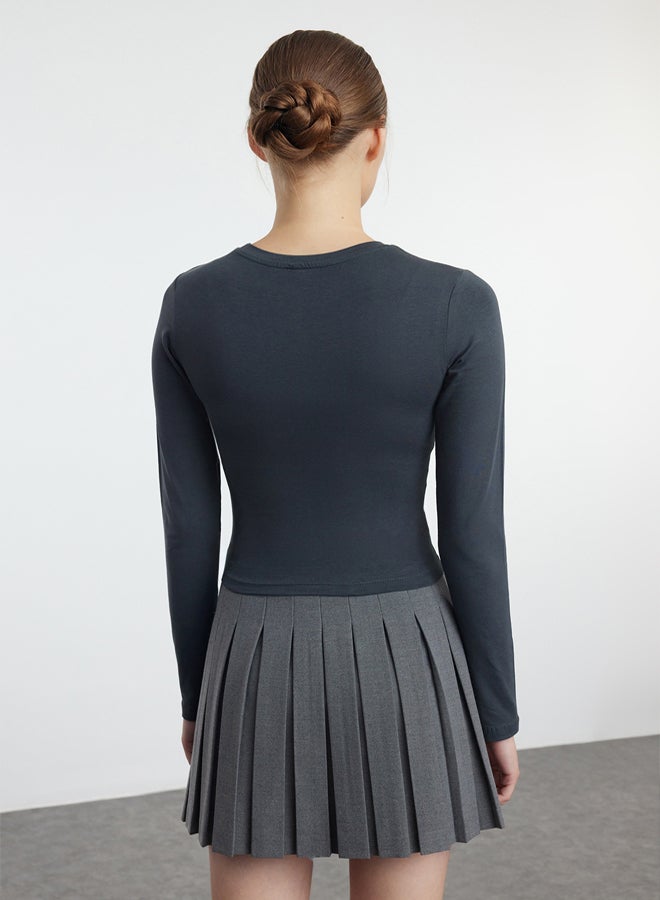 trendyol Anthracite Bow Detailed Crop/Short Slim/Fitting Knitted Blouse TWOAW25BZ00150  - Image 5