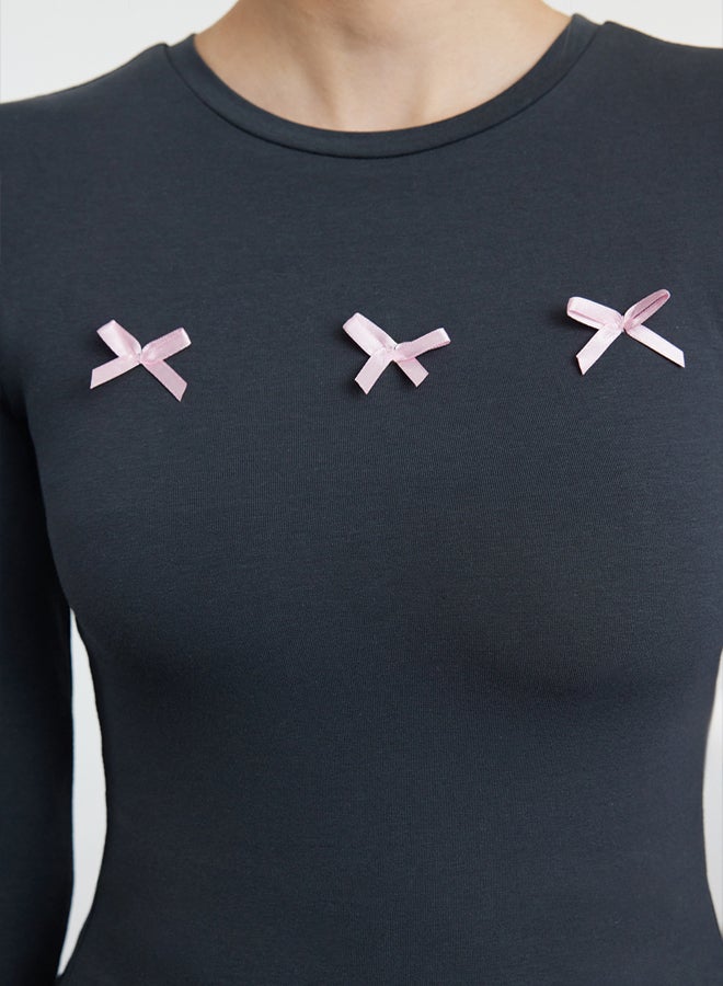 trendyol Anthracite Bow Detailed Crop/Short Slim/Fitting Knitted Blouse TWOAW25BZ00150  - Image 4