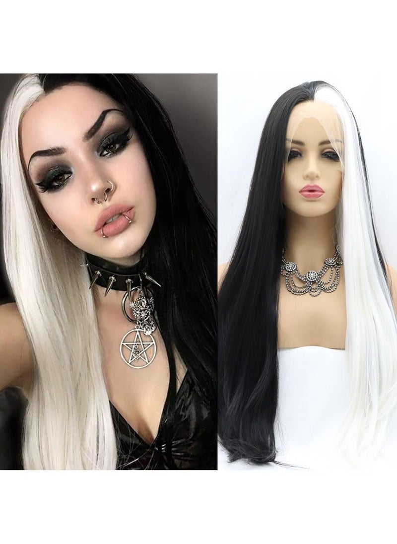Xiweiya xiweiya long striaght mermaid piano half color synthetic lace front wig white to black two tones heat Resistant replacement wigs for women cosplay 