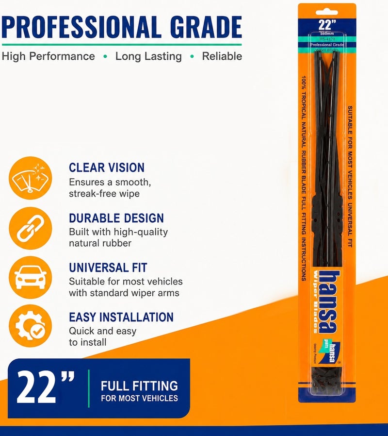 HANSA 22 Inch (560mm) Universal Car Windshield Wiper Blade Pair, Professional Grade Natural Rubber Wiper Blades, Streak Free Windshield Cleaning, All Season Rain Wiper, Metal Frame, Silent Wiping, Clear Visibility, Durable Replacement Blade for Cars, SUVs, Sedans, Purpose: Windshield Cleaning & Safe Driving Erpc WP 10046 . - Image 4