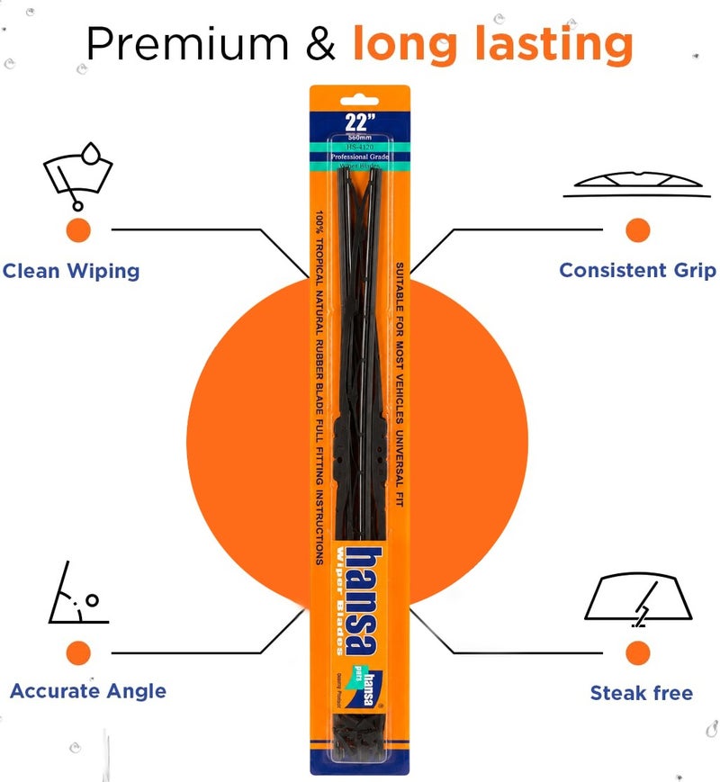 HANSA 22 Inch (560mm) Universal Car Windshield Wiper Blade Pair, Professional Grade Natural Rubber Wiper Blades, Streak Free Windshield Cleaning, All Season Rain Wiper, Metal Frame, Silent Wiping, Clear Visibility, Durable Replacement Blade for Cars, SUVs, Sedans, Purpose: Windshield Cleaning & Safe Driving Erpc WP 10046 . - Image 2