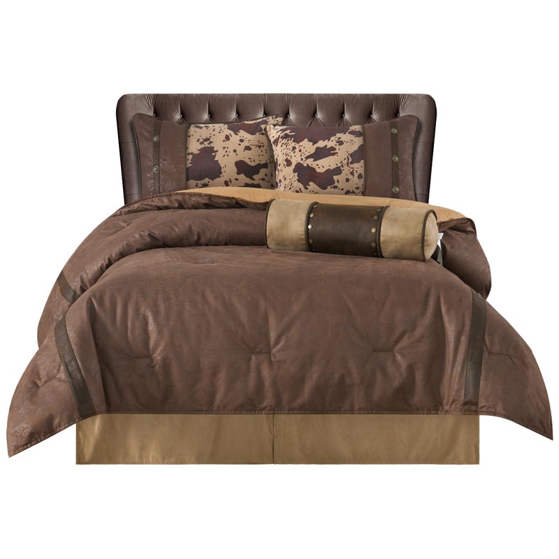 H HIEND ACCENTS H HIEND ACCENTS Paseo Road Caldwell 5 Piece Comforter Set Faux Leather King Brown Cow Print Western Rustic Style Luxury Bedding Set 1 Comforter 1 Bed Skirt 2 Pillow Shams 1 Neckroll 