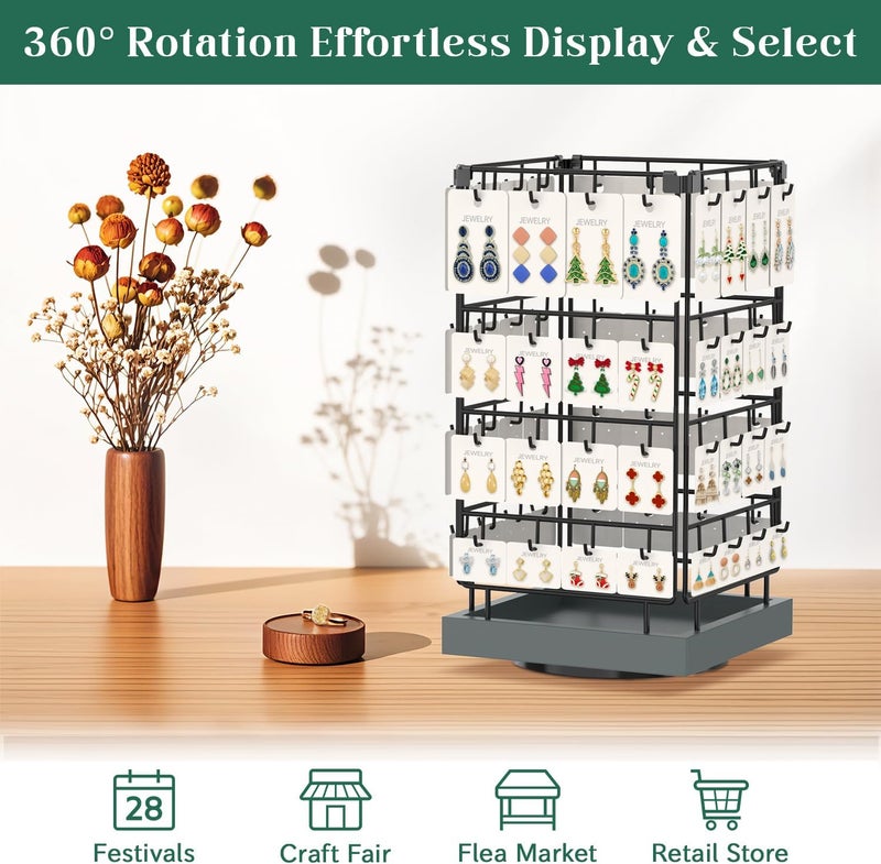 EsLuker.ly Rotating Earring Display Holder Stand for Vendors Events Selling, Large Capacity 64 Hooks Jewelry Rack with Wooden Base for Earring Card Sales, Enhances Retail Visibility(Dark Grey) - Image 5