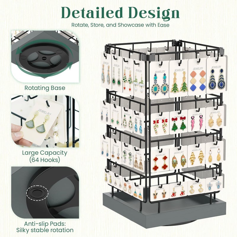 EsLuker.ly Rotating Earring Display Holder Stand for Vendors Events Selling, Large Capacity 64 Hooks Jewelry Rack with Wooden Base for Earring Card Sales, Enhances Retail Visibility(Dark Grey) - Image 3