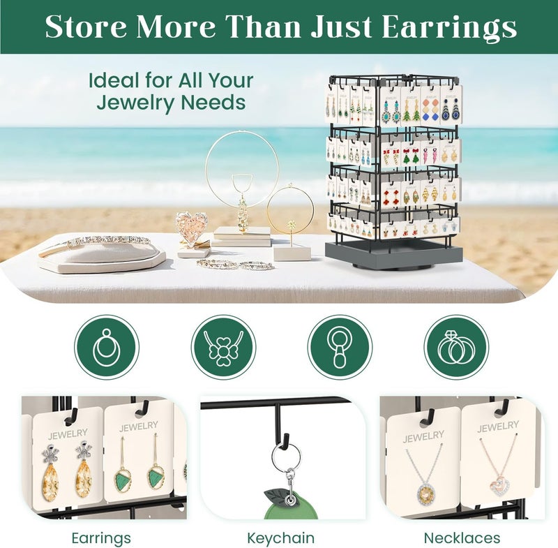 EsLuker.ly Rotating Earring Display Holder Stand for Vendors Events Selling, Large Capacity 64 Hooks Jewelry Rack with Wooden Base for Earring Card Sales, Enhances Retail Visibility(Dark Grey) - Image 4
