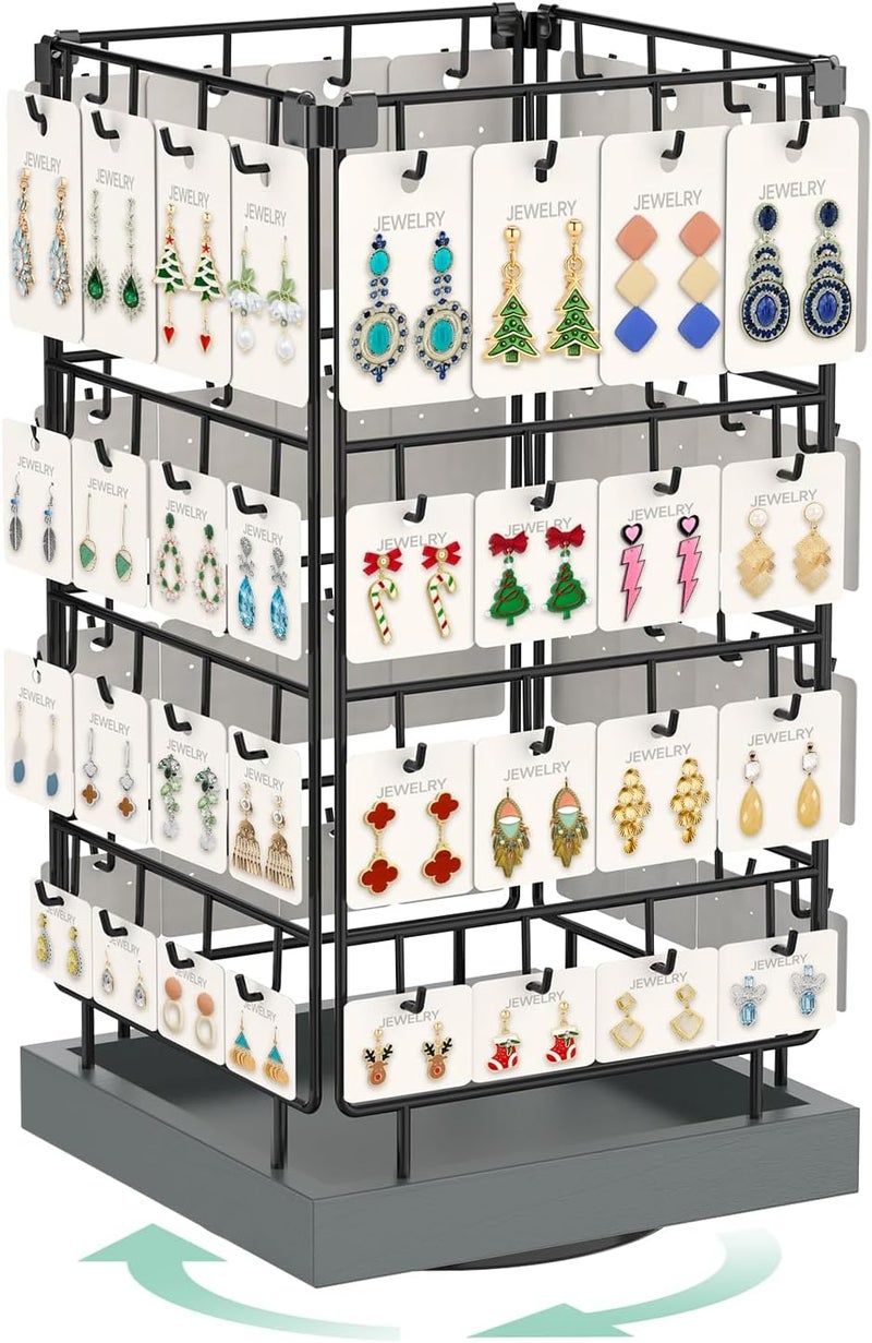 EsLuker.ly Rotating Earring Display Holder Stand for Vendors Events Selling, Large Capacity 64 Hooks Jewelry Rack with Wooden Base for Earring Card Sales, Enhances Retail Visibility(Dark Grey) - Image 1