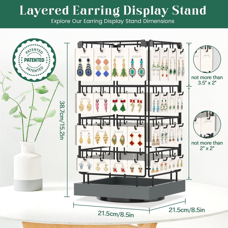 EsLuker.ly Rotating Earring Display Holder Stand for Vendors Events Selling, Large Capacity 64 Hooks Jewelry Rack with Wooden Base for Earring Card Sales, Enhances Retail Visibility(Dark Grey) - Image 2