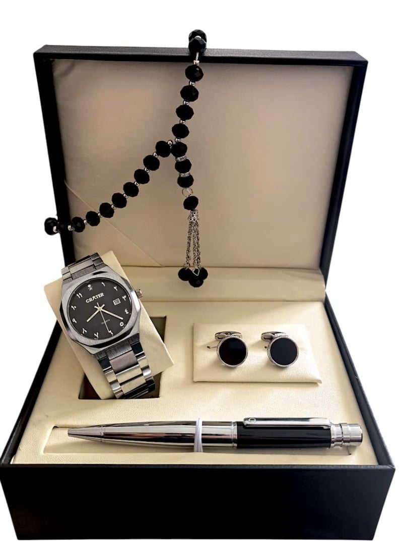 كريتر  طقم رجالي فاخر يتكون من ساعة تصميم ملكي من الستانلس ستيل، مينا كلاسيكي مع عرض التاريخ مقاومة للماء وسبحة وقلم وازرار اكمام - Image 1