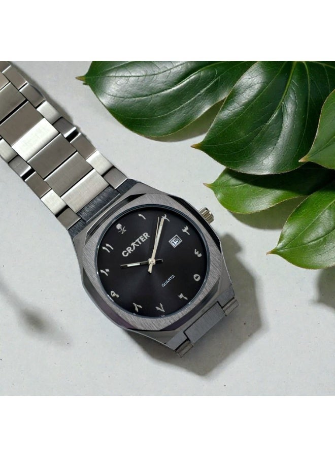 كريتر  طقم رجالي فاخر يتكون من ساعة تصميم ملكي من الستانلس ستيل، مينا كلاسيكي مع عرض التاريخ مقاومة للماء وسبحة وقلم وازرار اكمام - Image 2