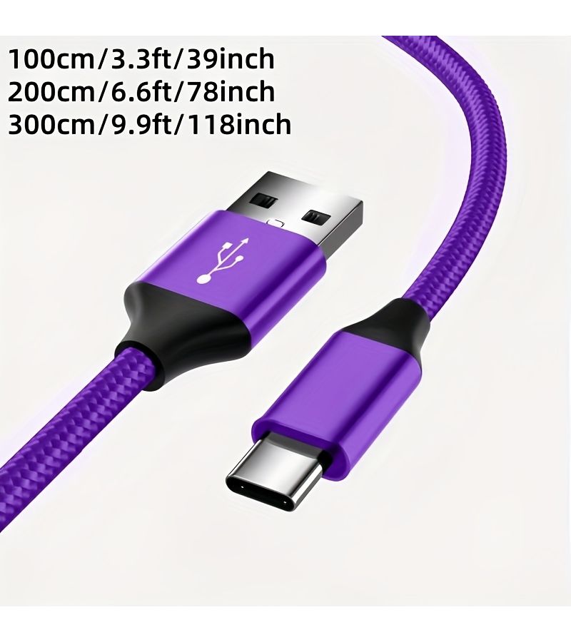 كابل USB-C إلى USB-C منسوج، شحن سريع بقدرة 60 واط، طول 6.6 قدم، لون أرجواني، متين - Image 2