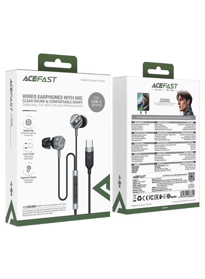 ACEFAST USB-C In Ear Wired Earphones with mic L6, 1.2m Cable Length, Ergonomic in-ear Design, All-in-one Remote Control, HD microphone - Black - Image 3