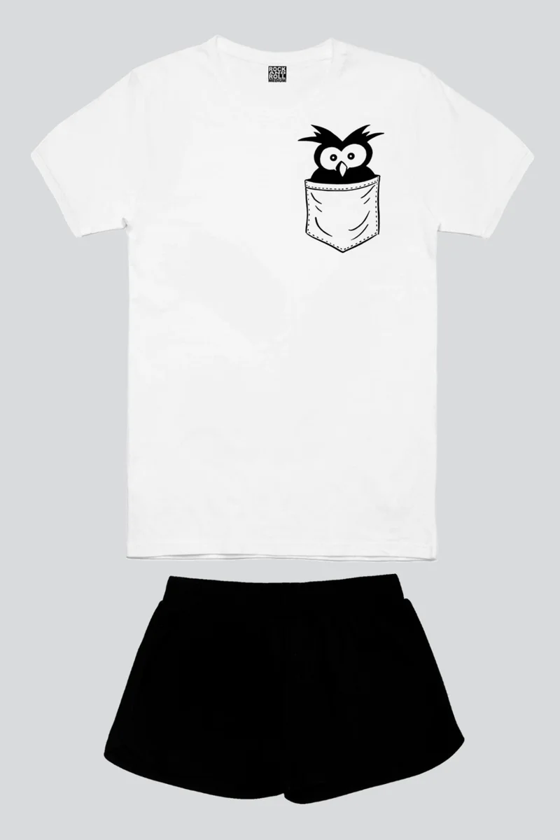 Rock&Roll Pocket Surprised Bird White Short Sleeve Women's Shorts Set