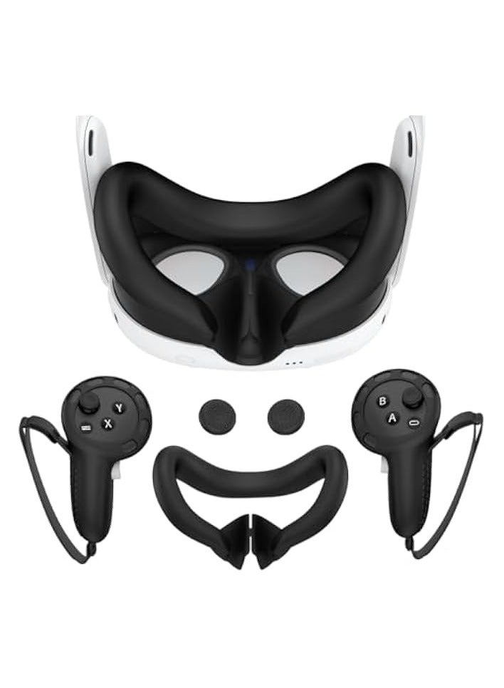 بروماس غطاء حماية لملحقات Quest 3: غطاء وجه الواقع الافتراضي من السيليكون، غطاء مقابض وحدة التحكم، غطاء واقي لعصا التحكم لـ Quest 3 (أسود) - Image 1