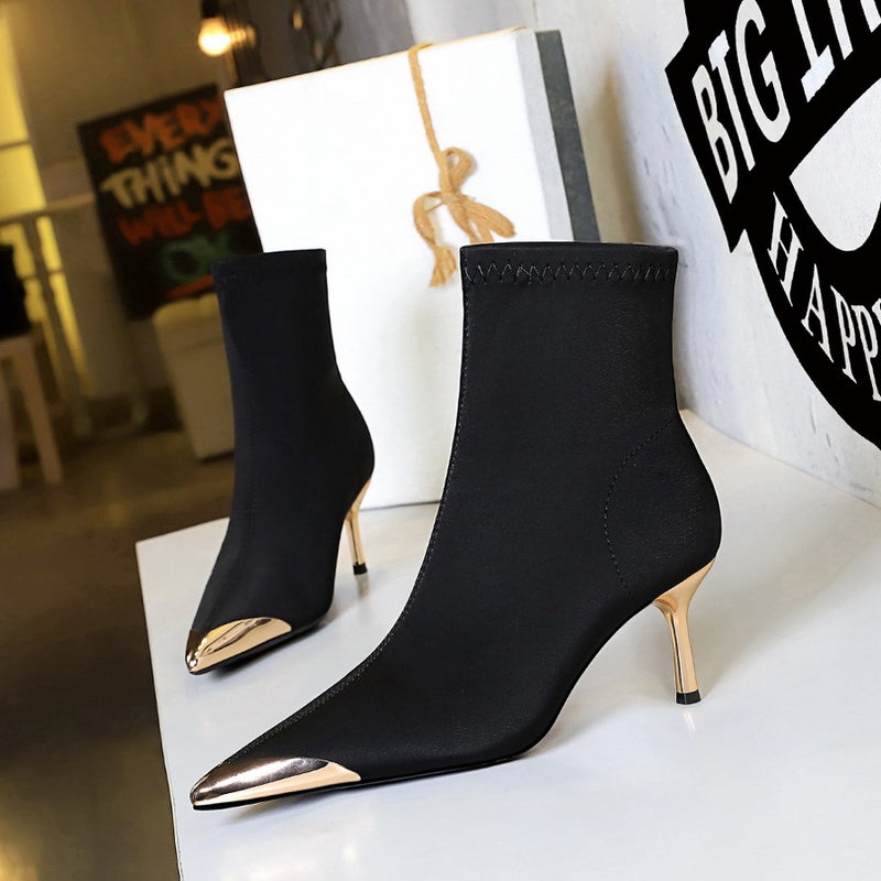 319-A13 Banquet Women'S Boots Style Fashion Slimming Thin-Heeled Satin Metal Pointed Boots Short Boots - Image 4