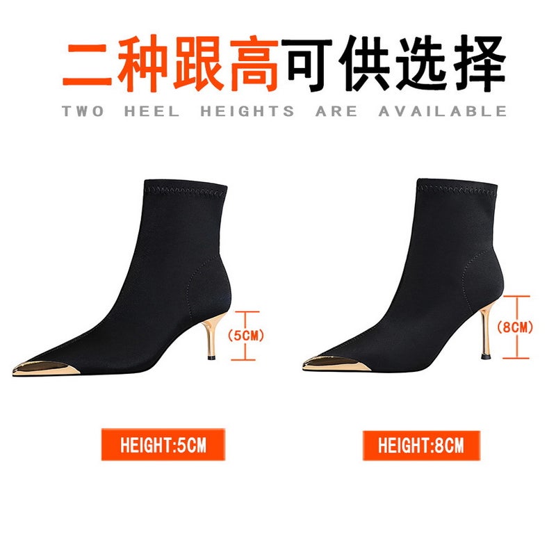 319-A13 Banquet Women'S Boots Style Fashion Slimming Thin-Heeled Satin Metal Pointed Boots Short Boots - Image 5
