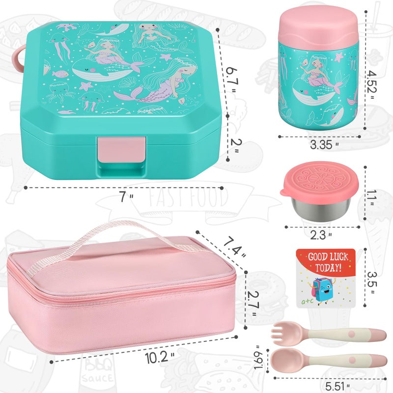 Itslife Bento Lunch Box Set for Kids with 12oz Soup Thermo&Lunch Bag, Leak-Proof Lunch Food Containers for Kids School, 5 Compartment, Sauce Cup, 10 Notes (Mermaids Green) - Image 2