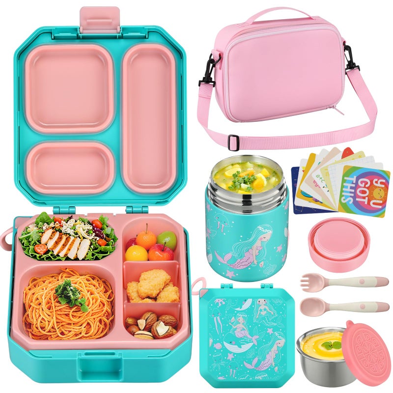 Itslife Bento Lunch Box Set for Kids with 12oz Soup Thermo&Lunch Bag, Leak-Proof Lunch Food Containers for Kids School, 5 Compartment, Sauce Cup, 10 Notes (Mermaids Green) - Image 1