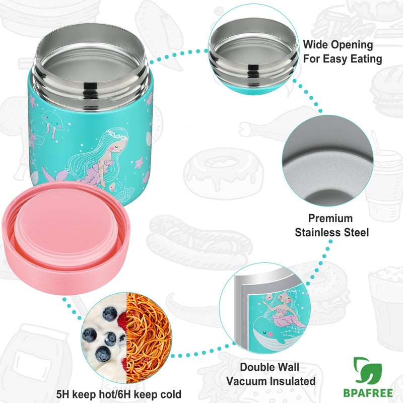 Itslife Bento Lunch Box Set for Kids with 12oz Soup Thermo&Lunch Bag, Leak-Proof Lunch Food Containers for Kids School, 5 Compartment, Sauce Cup, 10 Notes (Mermaids Green) - Image 4