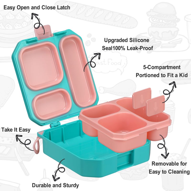 Itslife Bento Lunch Box Set for Kids with 12oz Soup Thermo&Lunch Bag, Leak-Proof Lunch Food Containers for Kids School, 5 Compartment, Sauce Cup, 10 Notes (Mermaids Green) - Image 3