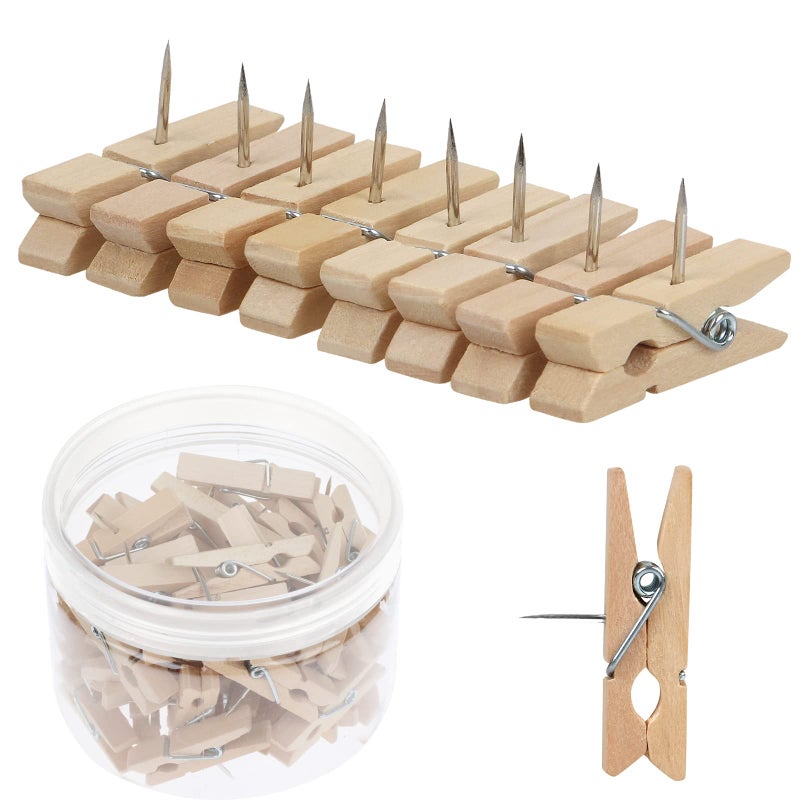 50 PCS Push Pin with Wooden Clips Durable Wooden Push Pins Decorative Pushpins Tacks Thumbtacks Tacks for Cork Board Artworks Notes Photos Craft Projects Offices and Homes