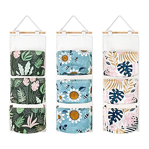 DILIBRA 3 Pack Wall Hanging Storage Bag Tropical Over the Door Closet Organizer with 3 Pockets Waterproof Linen Fabric Hanging Pocket for Dorm Living Room Home DecorBananaLeafFlower
