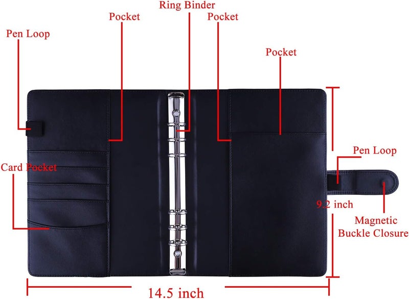 Antner A5 PU Leather 6-Ring Notebook Binder Cover for Filler Paper, Refillable Personal Planner Budget With Magnetic Buckle Closure, Black - Image 2