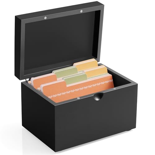 DRASTAR Index Card Holder 3x5, Wooden Index Card Organizer Box with 45 Index Card Dividers, Flashcard Notecard Holders for Home Office, Black - Image 1