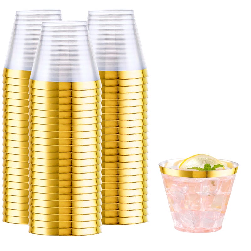 WELLIFE 200 PCS Gold Plastic Cups 9 oz Clear Plastic Cups Tumblers Disposable Cups with Gold Rim Perfect for Party and Wedding