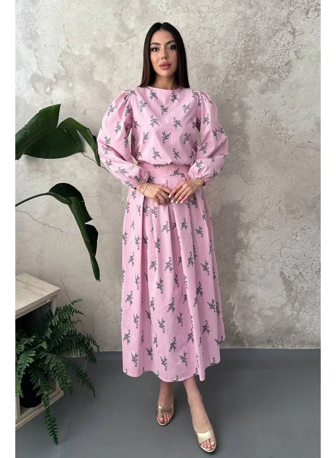 END BLACK Pink Striped Floral Blouse Skirt Set L Pink.