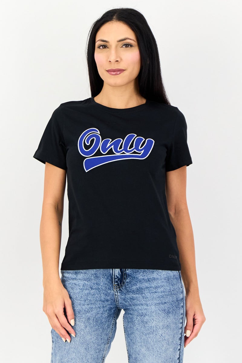 ONLY Women Crew Neck Short Sleeve Embroidered Logo T-Shirts, Black - Image 1
