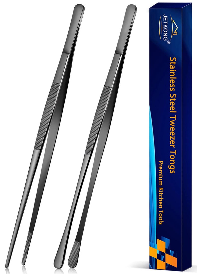 JETKONG 2 Pcs 12-Inch Kitchen Tweezers Tongs with Precision Serrated Tips, Stainless Steel Chef Tweezer Professional Cooking Tweezers for BBQ, Plating and Serving (12-Inch, Black) - Image 1