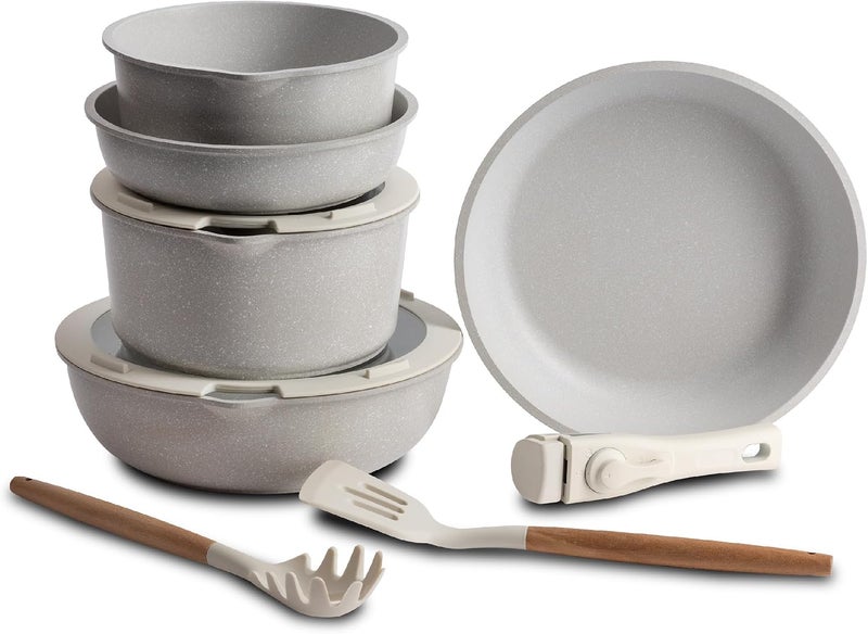 BERGNER CLICK&COOK | 10-Piece Cookware Set | Removable Handle | 3 Frying Pans, 2 Saucepans, Lids & Utensils | Cast Aluminum with Marble Non-Stick Coating | Cook, Bake, Serve, and Store - Image 1