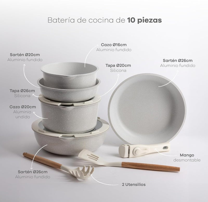 BERGNER CLICK&COOK | 10-Piece Cookware Set | Removable Handle | 3 Frying Pans, 2 Saucepans, Lids & Utensils | Cast Aluminum with Marble Non-Stick Coating | Cook, Bake, Serve, and Store - Image 2