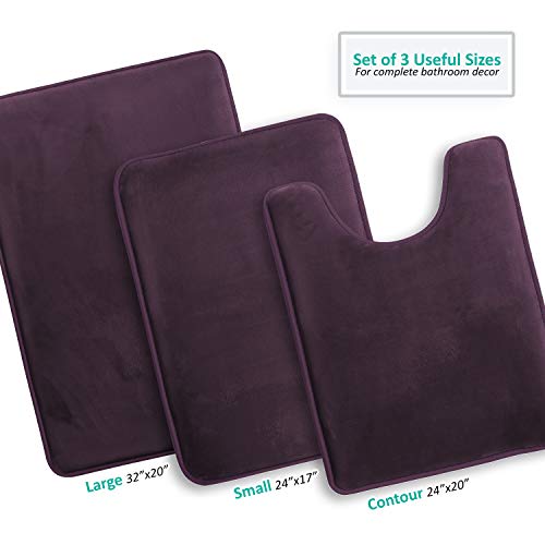 Clara Clark 3 Piece Bathroom Rugs Bath Mat Set, Velvet Memory Foam Bath Mats for Bathroom - Non-Slip, PVC Backing Bath Rugs, Washable - Dries Quickly, Purple - Image 3
