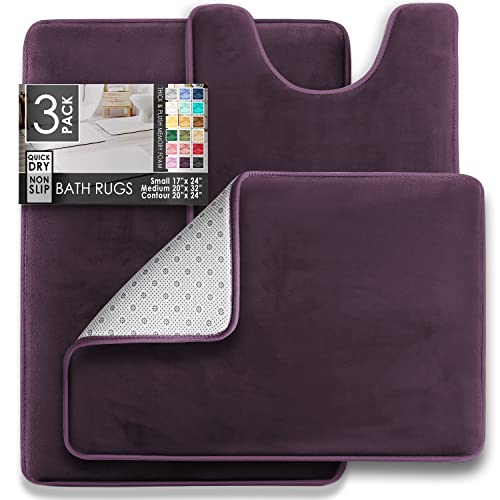 Clara Clark 3 Piece Bathroom Rugs Bath Mat Set, Velvet Memory Foam Bath Mats for Bathroom - Non-Slip, PVC Backing Bath Rugs, Washable - Dries Quickly, Purple - Image 2