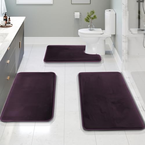 Clara Clark 3 Piece Bathroom Rugs Bath Mat Set, Velvet Memory Foam Bath Mats for Bathroom - Non-Slip, PVC Backing Bath Rugs, Washable - Dries Quickly, Purple - Image 1