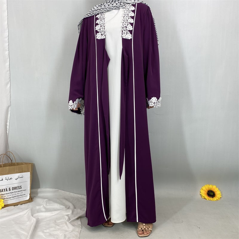 Elegant Lace Trim Cardigan Long Pocket Robe Border Fashion Modest  Dress - Image 5
