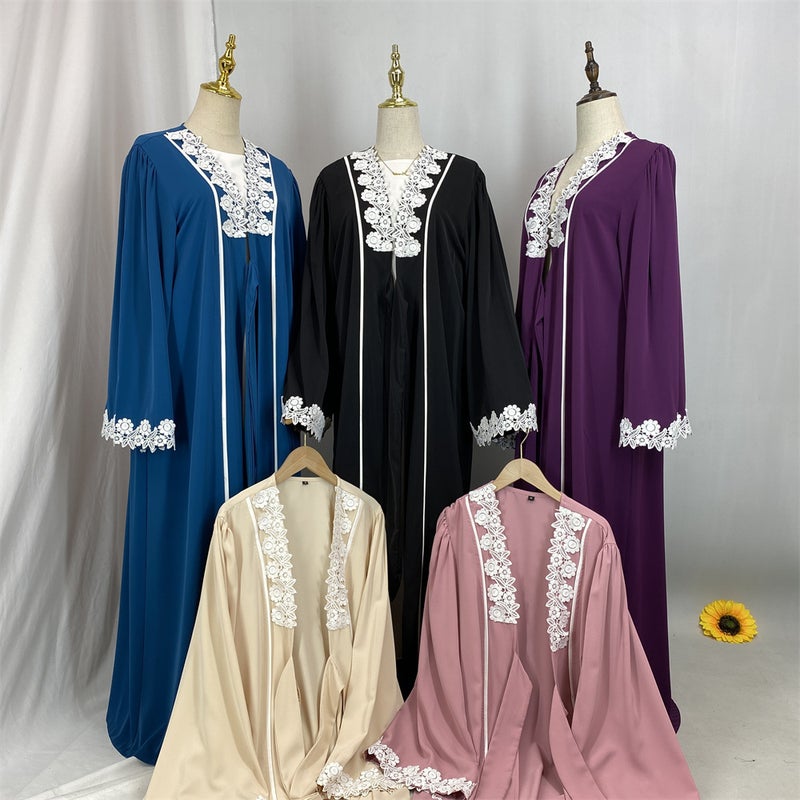 Elegant Lace Trim Cardigan Long Pocket Robe Border Fashion Modest  Dress - Image 4