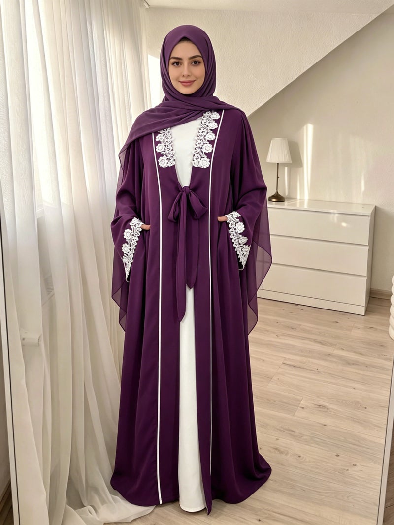 Elegant Lace Trim Cardigan Long Pocket Robe Border Fashion Modest  Dress - Image 1