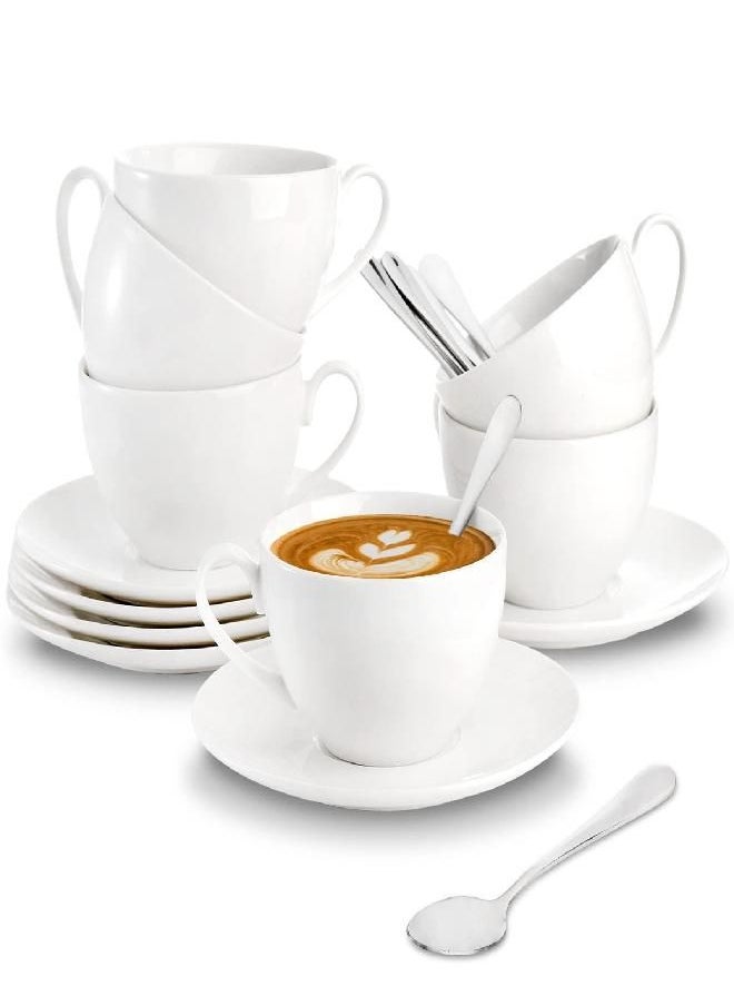Foraineam Foraineam Espresso Cups with Saucers and Spoons, 6 oz White Tea Cup Set, Porcelain Coffee Cup and Saucer Set with Stainless Steel Spoon for Specialty Coffee Drinks, Latte, Cafe Mocha and Tea, Set of 6  - Image 1