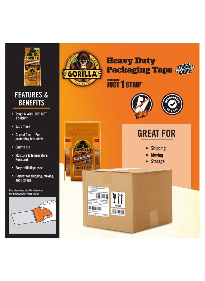 Gorilla Packing Tape Tough & Wide With Dispenser For Moving Shipping And Storage 2.83 X 35 Yd Clear (Pack Of 6)  - Image 2