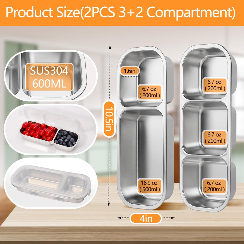 PTYTIFY Stainless Steel Snack Containers with Lids, 2 Pack Grab and Go Metal Snack Containers, 3 Compartment Reusable Stainless Steel Snack Box for Food Lunch Meal Prep (3+2 Compartment 2 PCS) - Image 2
