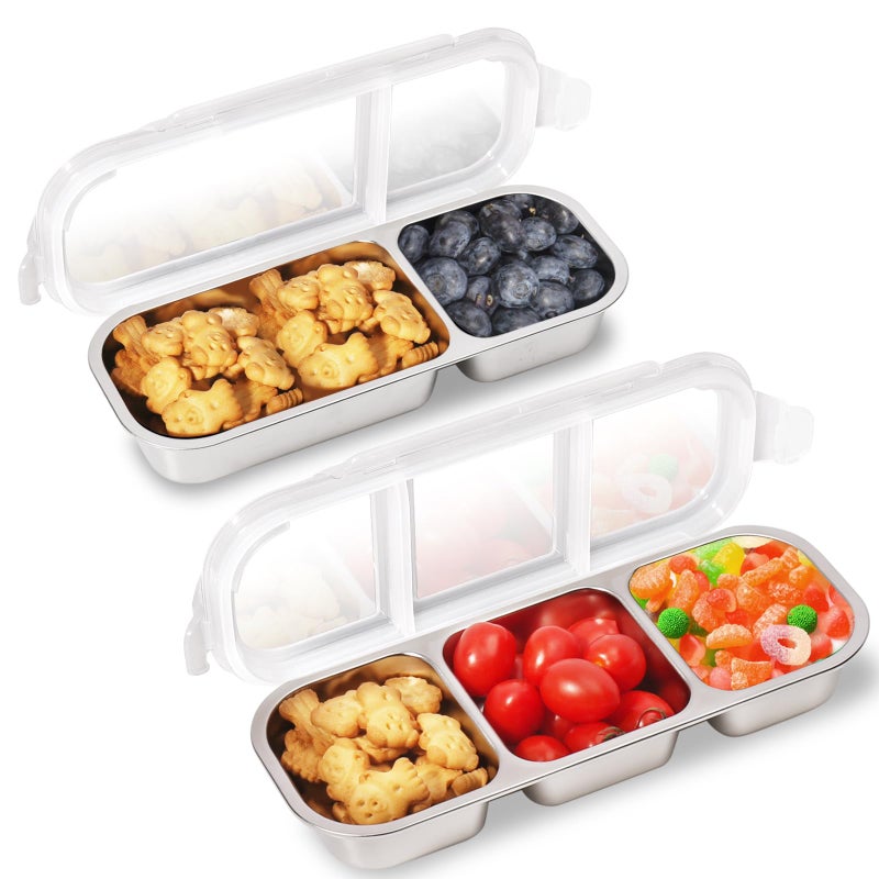 PTYTIFY Stainless Steel Snack Containers with Lids, 2 Pack Grab and Go Metal Snack Containers, 3 Compartment Reusable Stainless Steel Snack Box for Food Lunch Meal Prep (3+2 Compartment 2 PCS) - Image 1