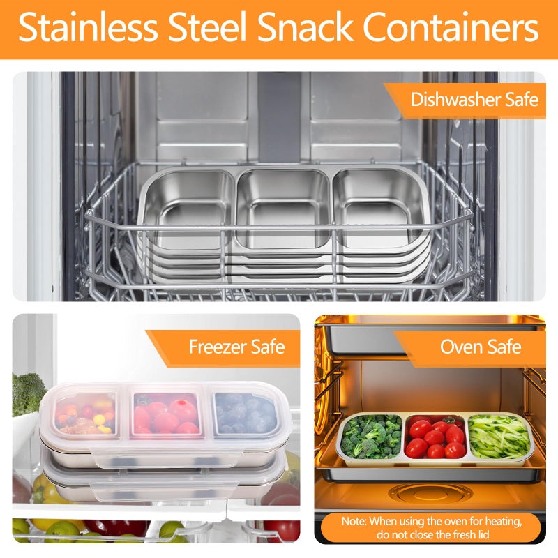 PTYTIFY Stainless Steel Snack Containers with Lids, 2 Pack Grab and Go Metal Snack Containers, 3 Compartment Reusable Stainless Steel Snack Box for Food Lunch Meal Prep (3+2 Compartment 2 PCS) - Image 5